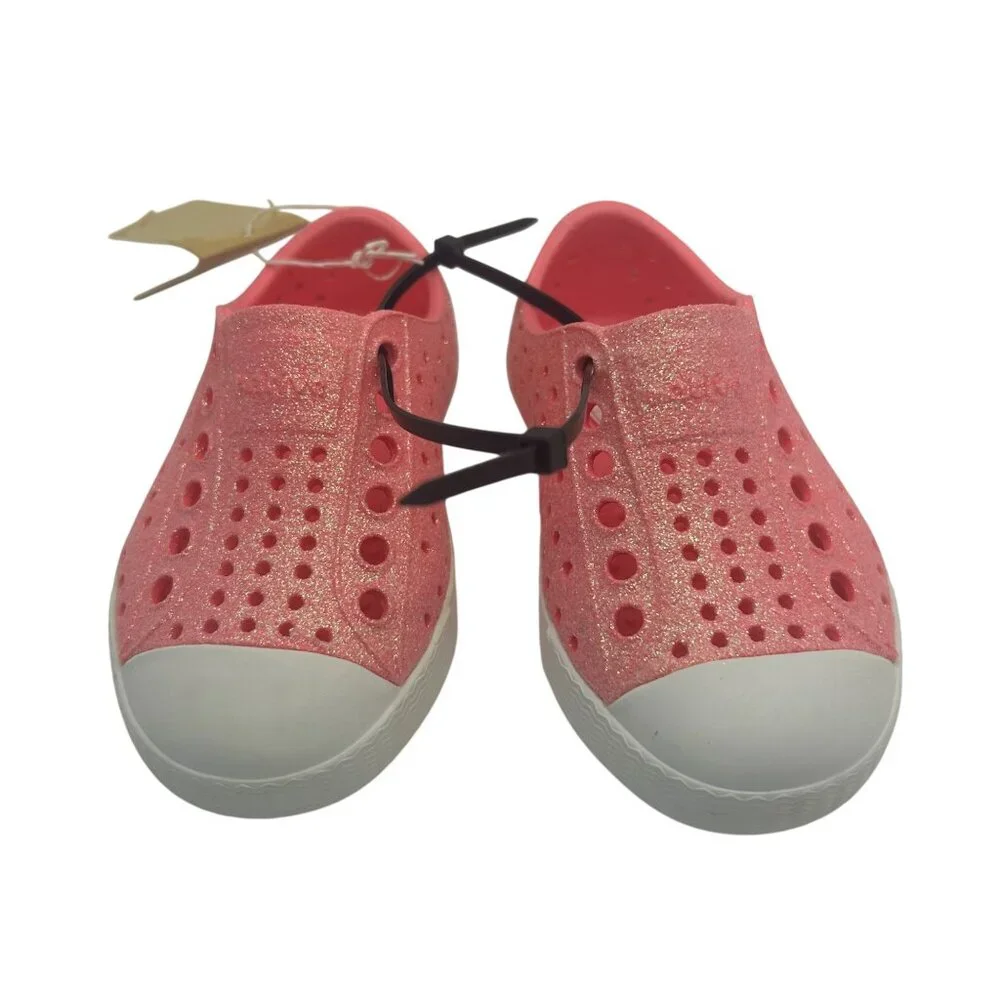 NWT Native Shoes Jefferson Bling Girl's Water Shoes pink sparkle white shell c5